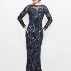 Sequin Dresses Primavera Couture 1401 Long Sleeve Sequin High Neck Formal Evening Dress