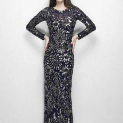 Sequin Dresses Primavera Couture 1401 Long Sleeve Sequin High Neck Formal Evening Dress