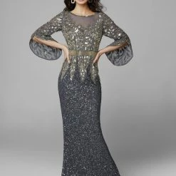 Sequin Dresses Primavera Couture 1424 Long Beaded Evening Gown With Bell Sleeves