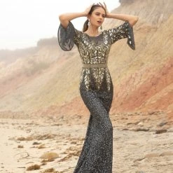 Sequin Dresses Primavera Couture 1424 Long Beaded Evening Gown With Bell Sleeves