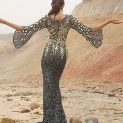 Sequin Dresses Primavera Couture 1424 Long Beaded Evening Gown With Bell Sleeves