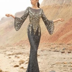 Sequin Dresses Primavera Couture 1424 Long Beaded Evening Gown With Bell Sleeves