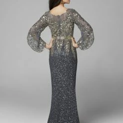 Sequin Dresses Primavera Couture 1424 Long Beaded Evening Gown With Bell Sleeves