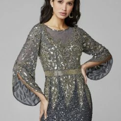 Sequin Dresses Primavera Couture 1424 Long Beaded Evening Gown With Bell Sleeves