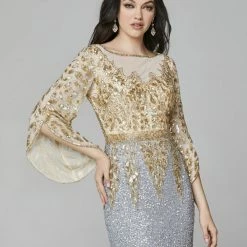 Sequin Dresses Primavera Couture 1424 Long Beaded Evening Gown With Bell Sleeves