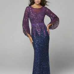 Sequin Dresses Primavera Couture 1424 Long Beaded Evening Gown With Bell Sleeves