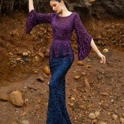 Sequin Dresses Primavera Couture 1424 Long Beaded Evening Gown With Bell Sleeves