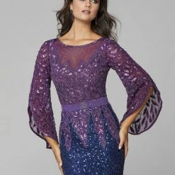Sequin Dresses Primavera Couture 1424 Long Beaded Evening Gown With Bell Sleeves