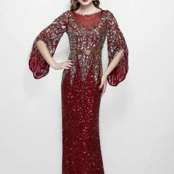 Sequin Dresses Primavera Couture 1424 Long Beaded Evening Gown With Bell Sleeves