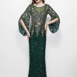 Sequin Dresses Primavera Couture 1424 Long Beaded Evening Gown With Bell Sleeves