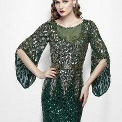 Sequin Dresses Primavera Couture 1424 Long Beaded Evening Gown With Bell Sleeves