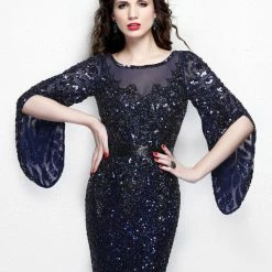 Sequin Dresses Primavera Couture 1424 Long Beaded Evening Gown With Bell Sleeves
