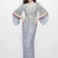 Sequin Dresses Primavera Couture 1424 Long Beaded Evening Gown With Bell Sleeves