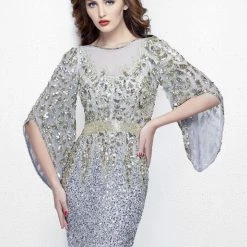 Sequin Dresses Primavera Couture 1424 Long Beaded Evening Gown With Bell Sleeves