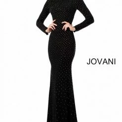 Jovani 1459 Black Long Fitted Jersey High Neck Long Sleeve Prom Dress Embellished Mermaid Dresses