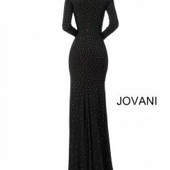 Jovani 1459 Black Long Fitted Jersey High Neck Long Sleeve Prom Dress Embellished Mermaid Dresses