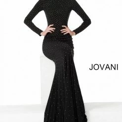 Jovani 1459 Black Long Fitted Jersey High Neck Long Sleeve Prom Dress Embellished Mermaid Dresses