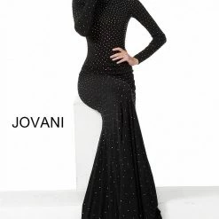 Jovani 1459 Black Long Fitted Jersey High Neck Long Sleeve Prom Dress Embellished Mermaid Dresses