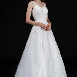 In Stock Ballgown Dresses Nina Canacci 1508 Size 8 White Long Lace Wedding Dress V Neck Bridal Gown Tulle