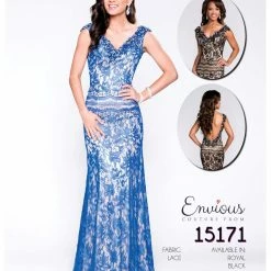 In Stock Ballgown Dresses Envious Couture 15171 Long Lace Prom Dress Low Back Embellished V Neck Gown Size 00, 0, 2