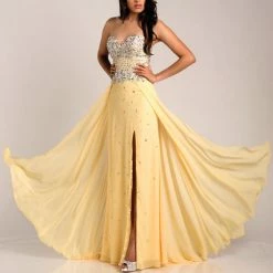 In Stock Envious Couture 15211 Size 0,2,16 A Line Formal Yellow Dress Slit Prom Embellished