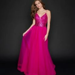 Nina Canacci 1522 Long A Line Glitter Prom Dress Formal Party Gown V Neck