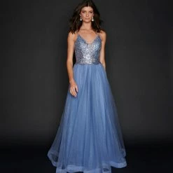 In Stock Nina Canacci 1522 Size 10 Steel Blue Long A Line Glitter Prom Dress Formal Party Gown V Neck