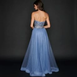 In Stock Nina Canacci 1522 Size 10 Steel Blue Long A Line Glitter Prom Dress Formal Party Gown V Neck