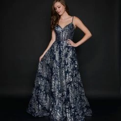 In Stock Nina Canacci 1525 Long Sequin Prom Dress A Line Pageant Gown Size 6 Navy/Silver