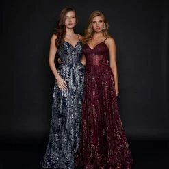 In Stock Nina Canacci 1525 Long Sequin Prom Dress A Line Pageant Gown Size 6 Navy/Silver