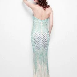 In Stock Primavera Couture 1527 Aqua Size 14 Plunging Neckline Prom Dress