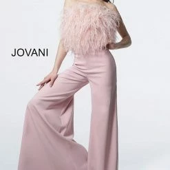 Jumpsuits & Rompers Jovani 1542 Long Wide Leg Prom Pageant Jumpsuit Ostrich Feather Jump Suit