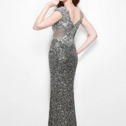 In Stock Primavera Couture 1573 Cap Sleeve Fully Beaded Prom Dress In Charcoal/Gold Size 14