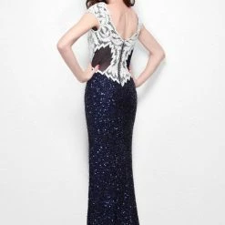 In Stock Primavera Couture 1573 Cap Sleeve Beaded Prom Dress In Midnight/White Size 00
