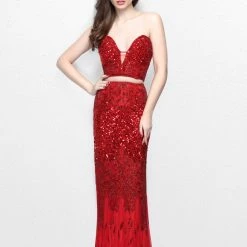 In Stock Primavera Couture 1595 Two Piece Beaded Fitted Prom Dress Red Size 6 Plunging Neckline Mermaid Dresses