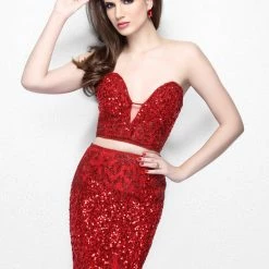 In Stock Primavera Couture 1595 Two Piece Beaded Fitted Prom Dress Red Size 6 Plunging Neckline Mermaid Dresses