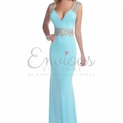 In Stock Mermaid Dresses Envious Couture 16072 Size 0 Aqua/Gold Prom Dress Pageant Gown Long Stretch Fitted Gown