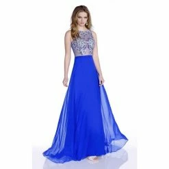In Stock Envious Couture 16164 Size 0, 2, 4, 6, 8 Long Sheer A Line High Neck Formal Prom Dress Blue