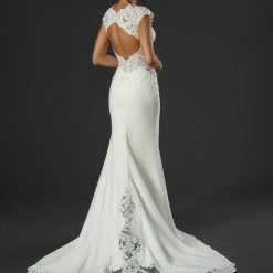 In Stock Backless Dresses Stella Couture 22500 Size 10 Fitted Sheer Lace Wedding Dress Corset Bodice Cap Sleeve Train Backless