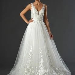 In Stock Stella Couture 22512 Size 10 Long A Line Lace V Neck Wedding Dress Shimmer Sheer Back