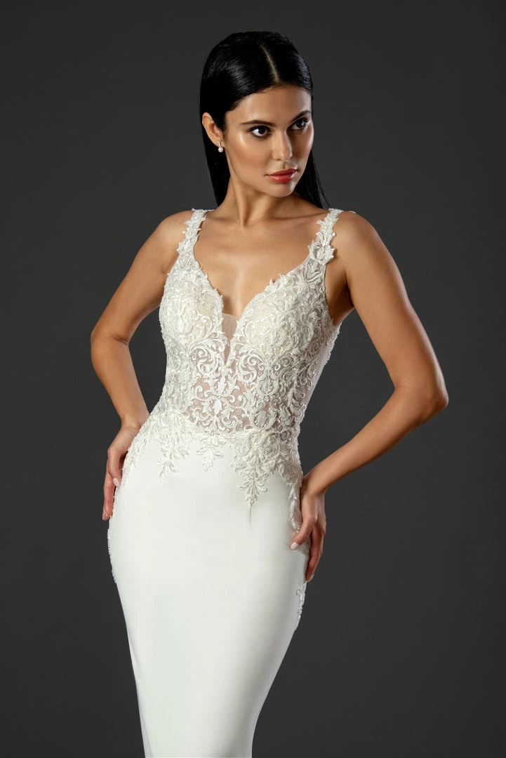 In Stock Stella Couture 21073 Size 8 Long Sheer V Neck Lace Wedding Dress Reception Gown Train 5 In Stock Stella Couture 21073 Size 8 Long Sheer V Neck Lace Wedding Dress Reception Gown Train