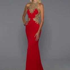 Stella Couture 18176 Long Red Sheer Lace High Neck Formal Prom Pageant Dress