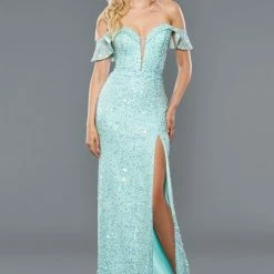 Stella Couture 22032 Long Fitted Off The Shoulder Formal Dress Sequin Slit Prom Gown Sequin Dresses