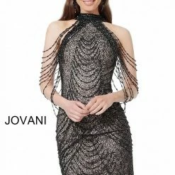 Jovani 1677 Short Fitted High Neck Cocktail Dress Fringe Tassel Choker Draped Sequin Dresses