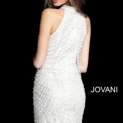 Jovani 1677 Short Fitted High Neck Cocktail Dress Fringe Tassel Choker Draped Sequin Dresses
