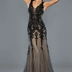 Stella Couture 20029 Long Shimmer Lace V Neck Formal Evening Dress V Neck