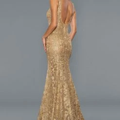 Backless Dresses Stella Couture 18127 Long Fitted Shimmer Lace V Neck Dress Fit & Flare Gown