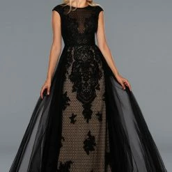 Stella Couture 19017 Black Lace Embellished Formal Dress Over Skirt Sheer Neckline