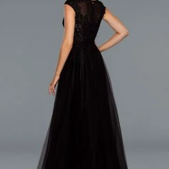 Stella Couture 19017 Black Lace Embellished Formal Dress Over Skirt Sheer Neckline