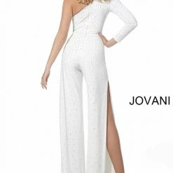 Discontinued Jovani 1723 Long Sleeve One Shoulder Formal Jumpsuit Slit Wide Leg Embellished Long Sleeve Dresses